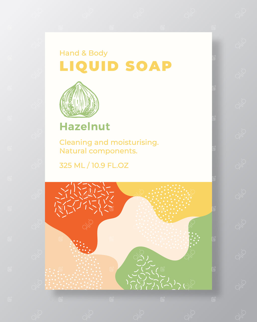 طرح برچسب بسته‌بندی صابون مایع: پس‌زمینه انتزاعی طرح‌های ارتشی، طراحی بسته‌بندی لوازم آرایشی مدرن با تایپوگرافی زیبا و طرح دستی فندق