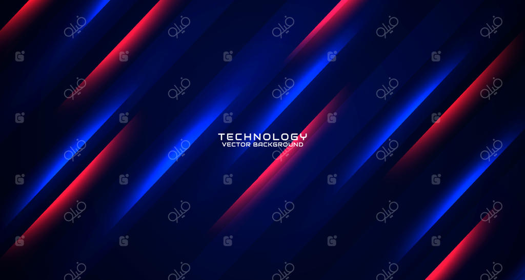 پس‌زمینه تکنو سه‌بعدی با لایه‌های هم‌پوشان آبی و قرمز بر روی فضای تیره و تزئین با جلوه‌های درخشان. مفهوم طراحی به سبک برش. عنصر طراحی گرافیکی برای بنر، بروشور، کارت، جلد بروشور یا صفحه فرود.