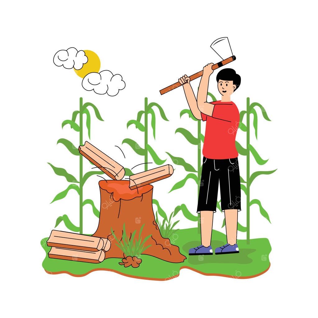 کارگری که در باغی مشغول هیزم‌شکنی است