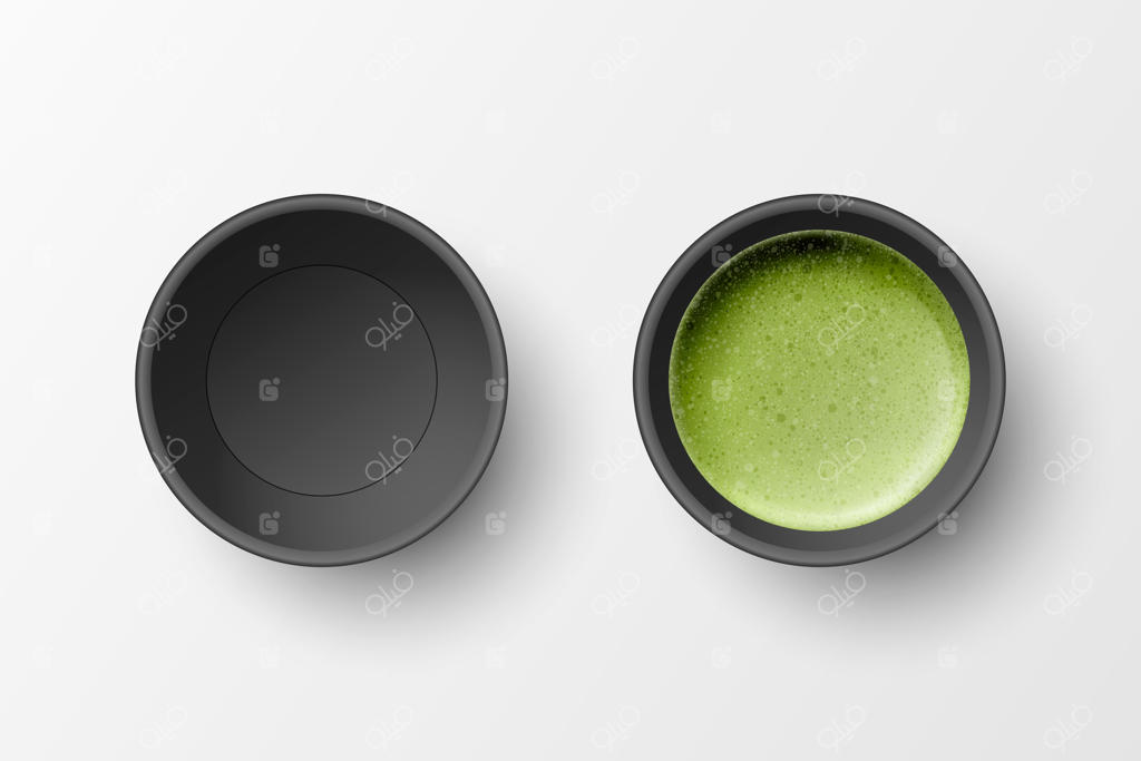 مجموعه واقع‌گرایانه لیوان های مشکی کاغذی یکبار مصرف سه بعدی با فوم سبز ماچا - نمای بالا