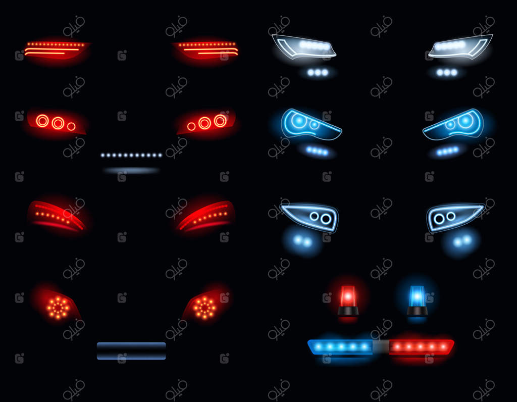 چراغ‌های جلو خودرو: مجموعه‌ واقع‌گرایانه‌ای از نورهای قرمز و سفید در محیط تاریک
