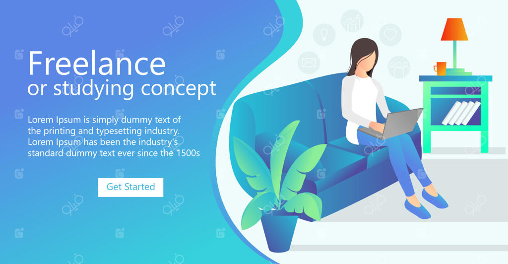 وکتور تصویرسازی فریلنسر در حال کار با لپ‌تاپ در خانه؛ مناسب برای صفحه فرود، تراکت و اینفوگرافیک