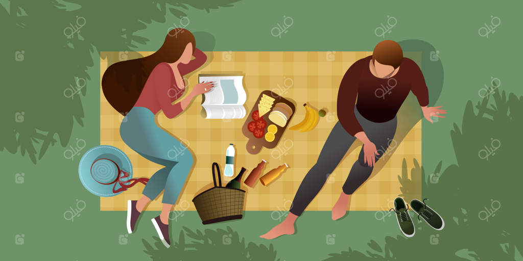 یک زوج جوان روی زیرانداز پیک‌نیک نشسته‌اند نمایی از بالا - منظره‌ای از تابستان در پارک شهری، تصویر وکتور