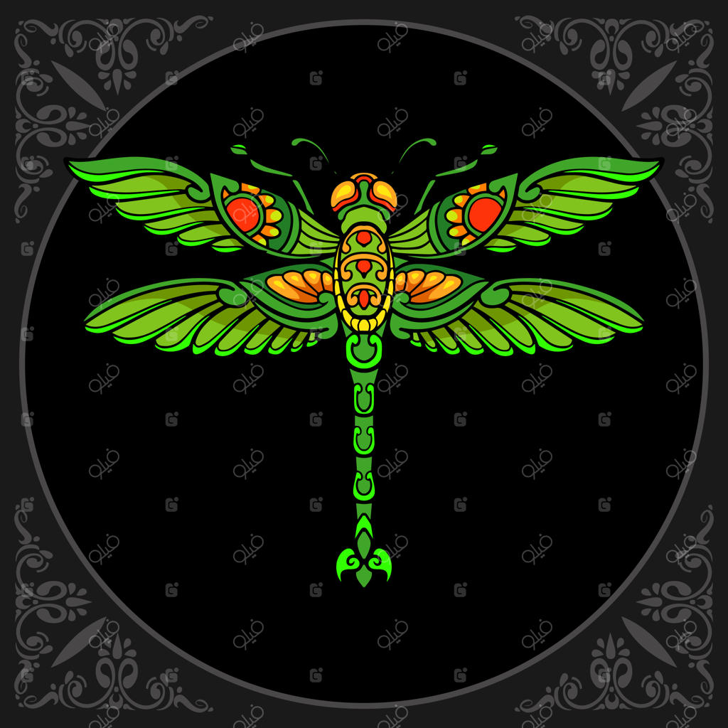 هنر زنتنگل سنجاقک رنگارنگ در پس‌زمینه سیاه