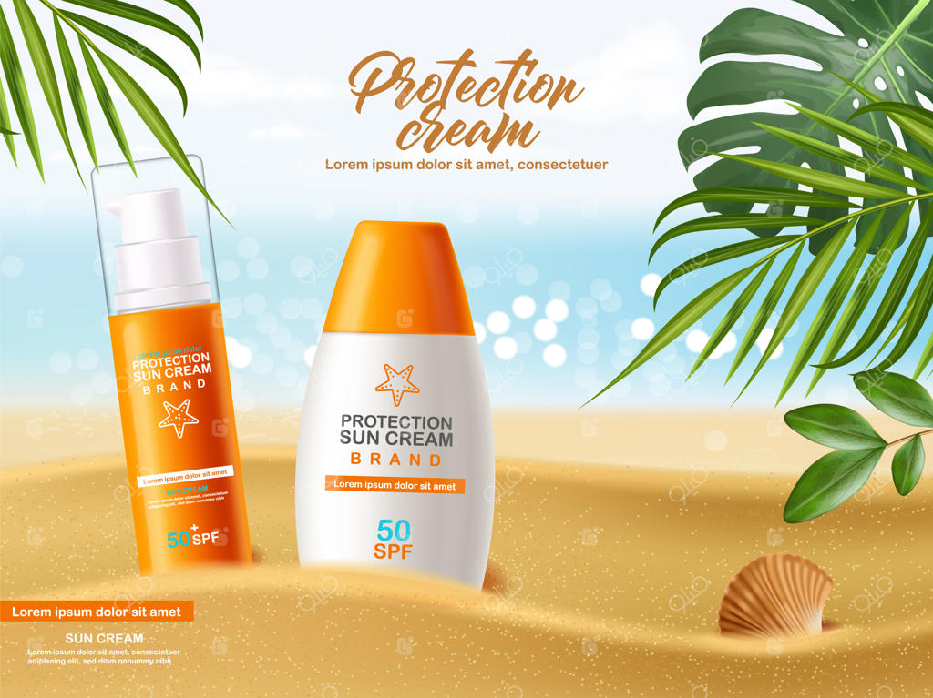 بطری کرم ضدآفتاب سه‌بعدی واقع‌گرایانه، پس‌زمینه دریا، بنر گرمسیری، بسته‌بندی، محافظت در برابر آفتاب، کرم ضدآفتاب با SPF 50، تصویرسازی لوازم آرایشی تابستانی