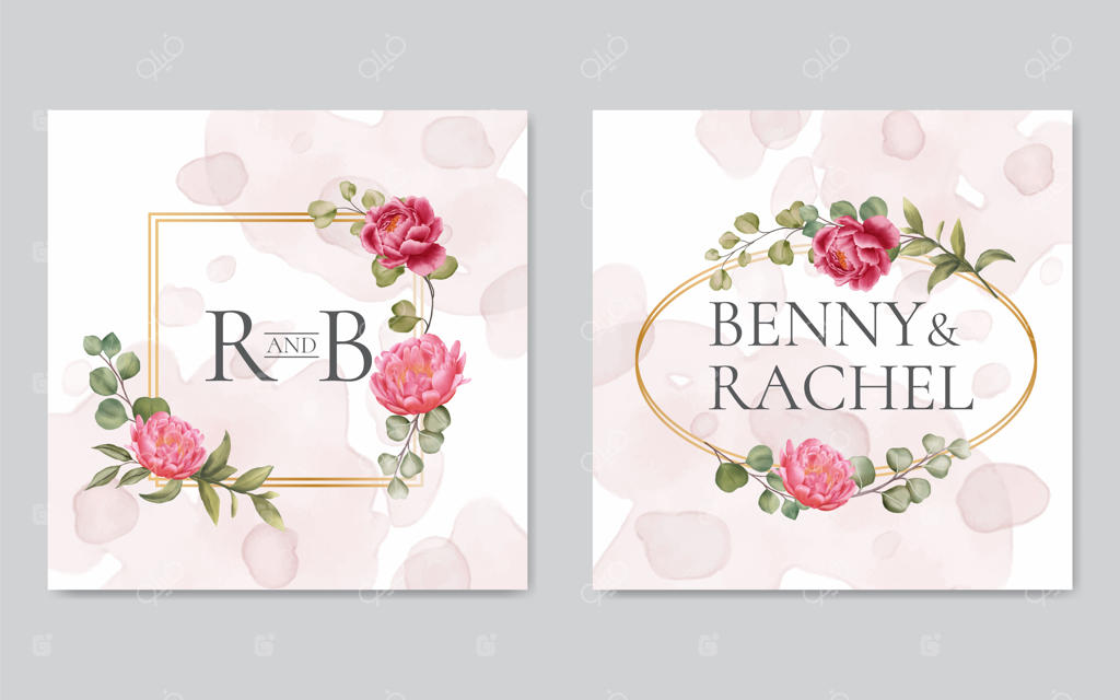 دعوتنامه عروسی با طرح گل‌های آبرنگی و قاب طلایی