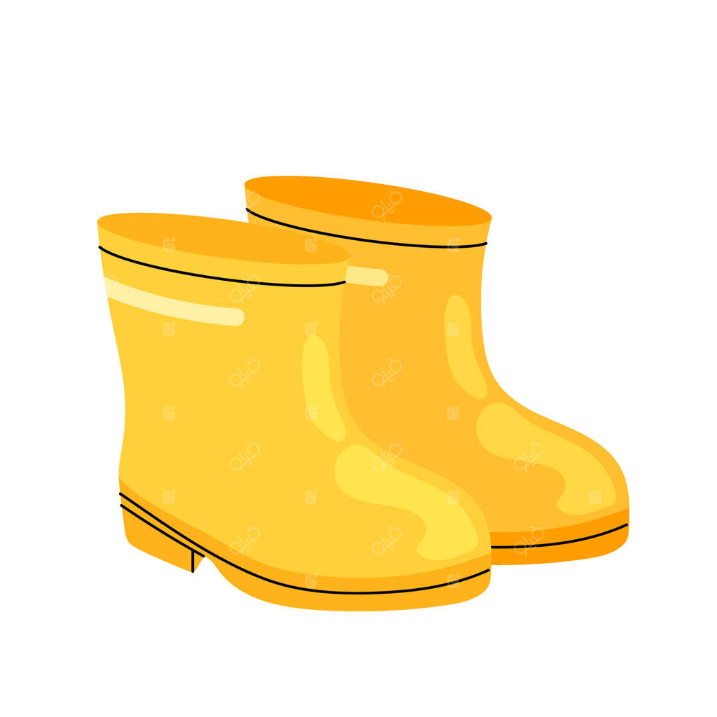 چکمه‌های زرد پلاستیکی برای باران: چکمه‌های باغبانی، یکدست. چکمه‌های پاییزی کودکان. تصویر نقاشی چکمه‌های باغبانی بامزه روی زمینه سفید.