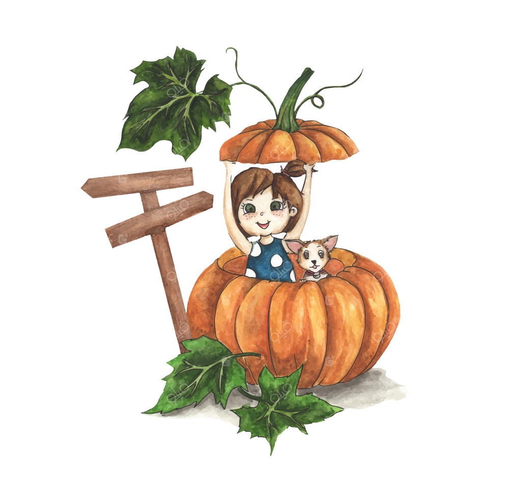 دختر کوچولوی ناز با سگش درون کدو تنبل بزرگ. تصویرسازی آبرنگی.