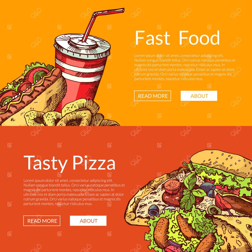 بنرهای افقی با عناصر رنگی فست فود طراحی دست