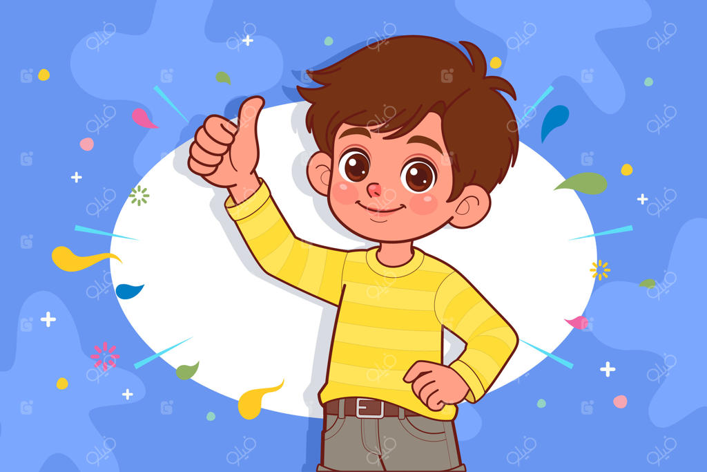 نقاشی پسربچه کارتونی خندان با انگشت شست رو به بالا، سبک طراحی دستی
