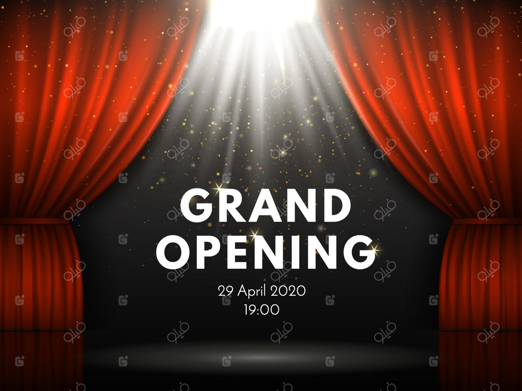 پوستر افتتاحیه با پرده‌های قرمز در صحنه تئاتر.