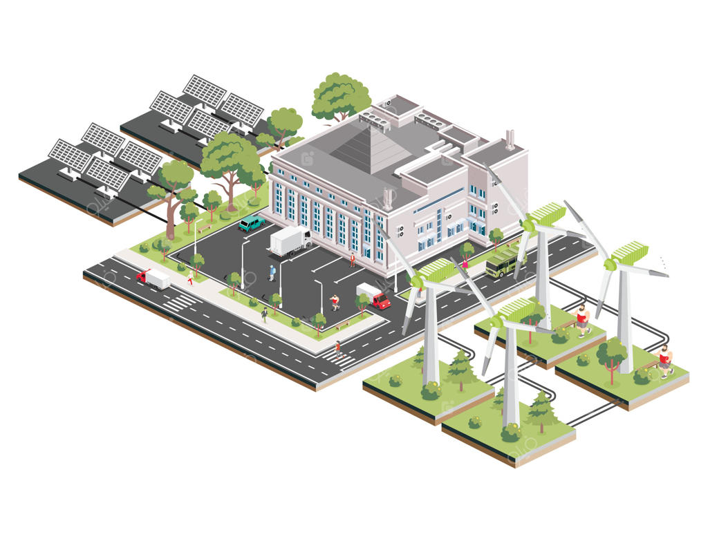 مرکز خرید ایزومتریک با پنل‌های خورشیدی و توربین بادی: عنصر اینفوگرافیک. ساختمان سوپرمارکت. مردم، کامیون‌ها و درختان با برگ‌های سبز در پس‌زمینه سفید.