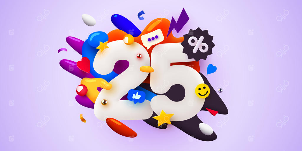 ترکیب‌بندی خلاقانه نماد سه‌بعدی تخفیف ۲۵ درصد با اشیاء تزئینی، بنر و پوستر فروش