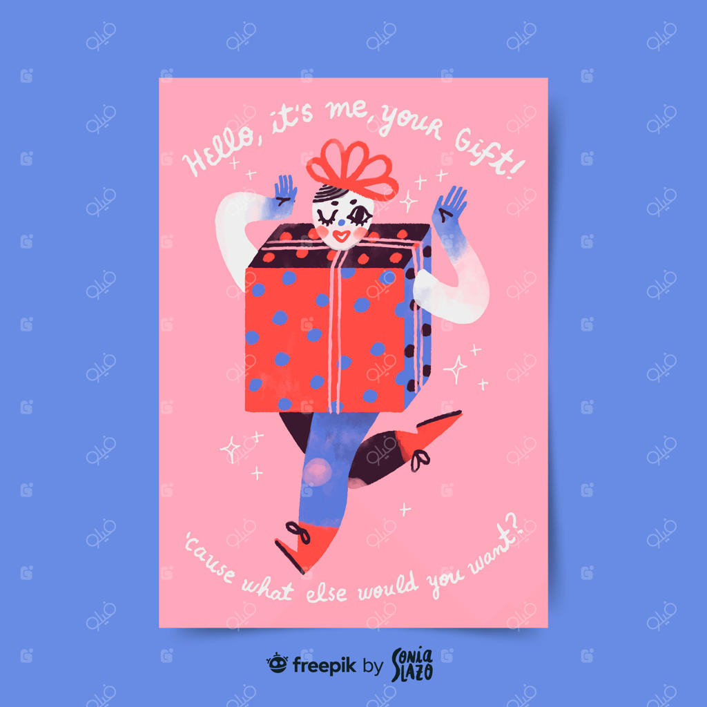 کارت تبریک تولد با طرح دختری با لباس جعبه هدیه