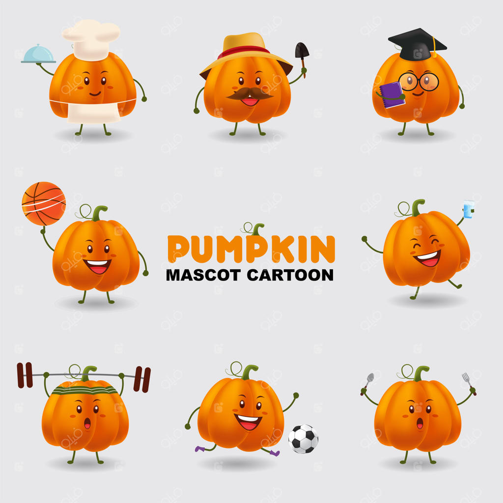 تصویرسازی کارتونی از یک شانس تل اساطیری. چند حالت مختلف از کدو حلوایی. پس‌زمینه جدا.