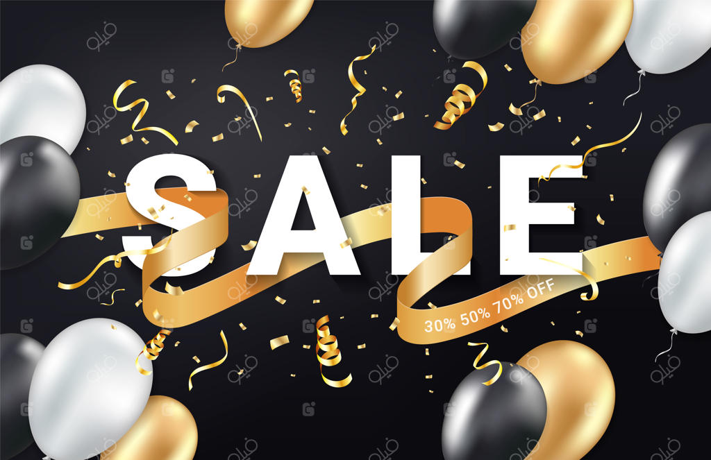 قالب بنر جشن حراج جمعه سیاه: بادکنک‌ها، روبان طلایی و کاغذهای رنگی. پس‌زمینه‌ای ویژه برای رویداد جشن.