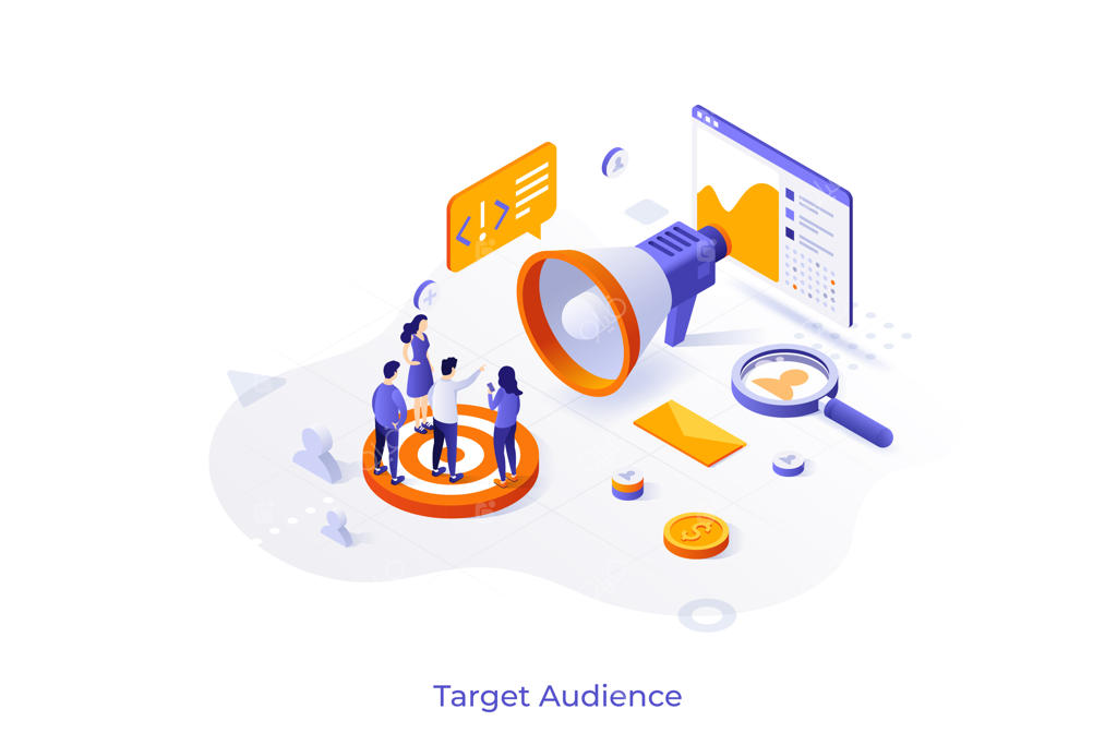 قالب مفهومی با گروهی از مصرف‌کنندگان و بلندگوی غول‌پیکر: صحنه‌ای برای مخاطب هدف در بازاریابی و تحقیقات بازار - تصویرسازی ایزومتریک مدرن و رنگارنگ برای تبلیغات