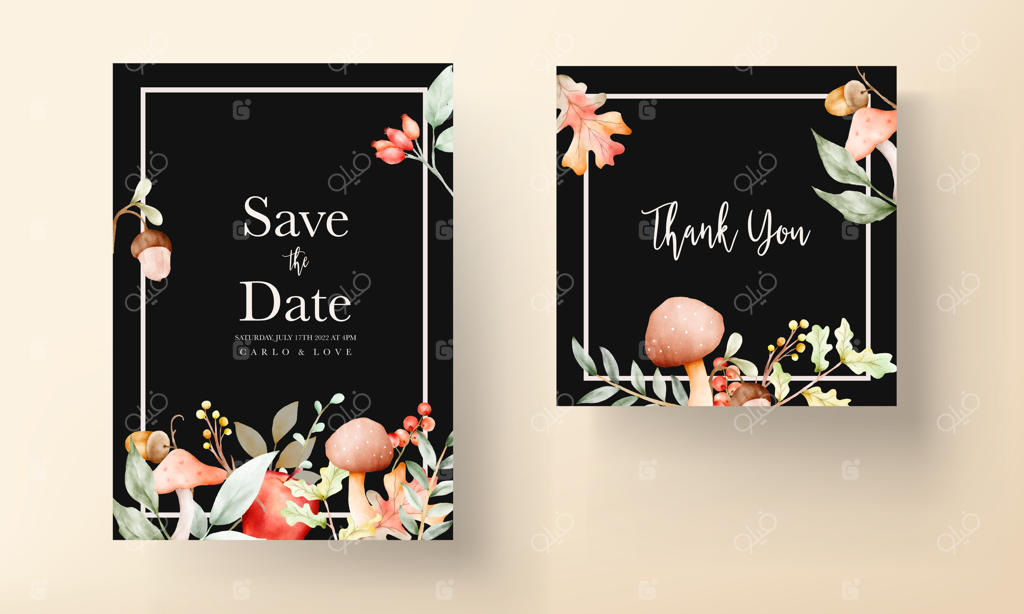 کارت دعوت عروسی آبرنگی زیبا با طرح سیب قرمز، آجیل و قارچ