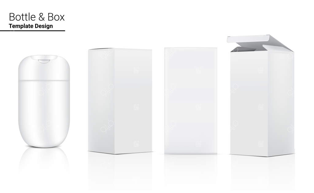 بطری براق و واقع‌گرایانه به همراه جعبه سه‌بعدی برای محصولات مراقبت پوستی روشن‌کننده و ضد چروک بر روی پس‌زمینه سفید. مراقبت و سلامت.