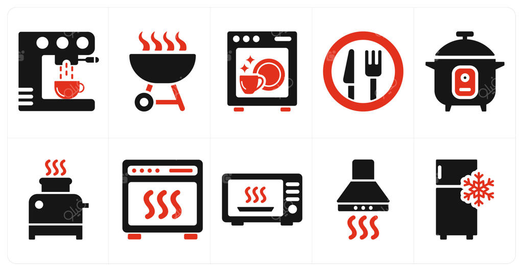 مجموعه‌ای از ۱۰ آیکون لوازم خانگی مانند قهوه‌ساز، باربیکیو، ماشین ظرفشویی به رنگ قرمز پررنگ