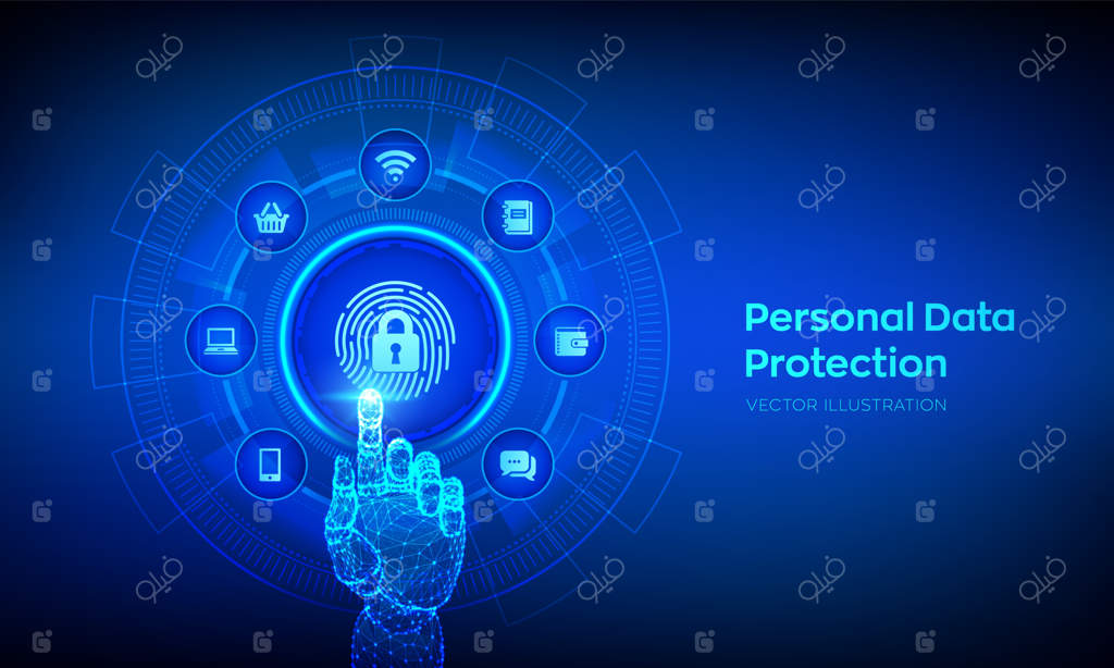 مفهوم حفاظت از داده‌های شخصی در کسب‌وکار روی صفحه مجازی. امنیت سایبری. اثر انگشت با نماد قفل. حریم خصوصی و ایمنی. دست رباتیک در حال لمس رابط دیجیتال. تصویر برداری.