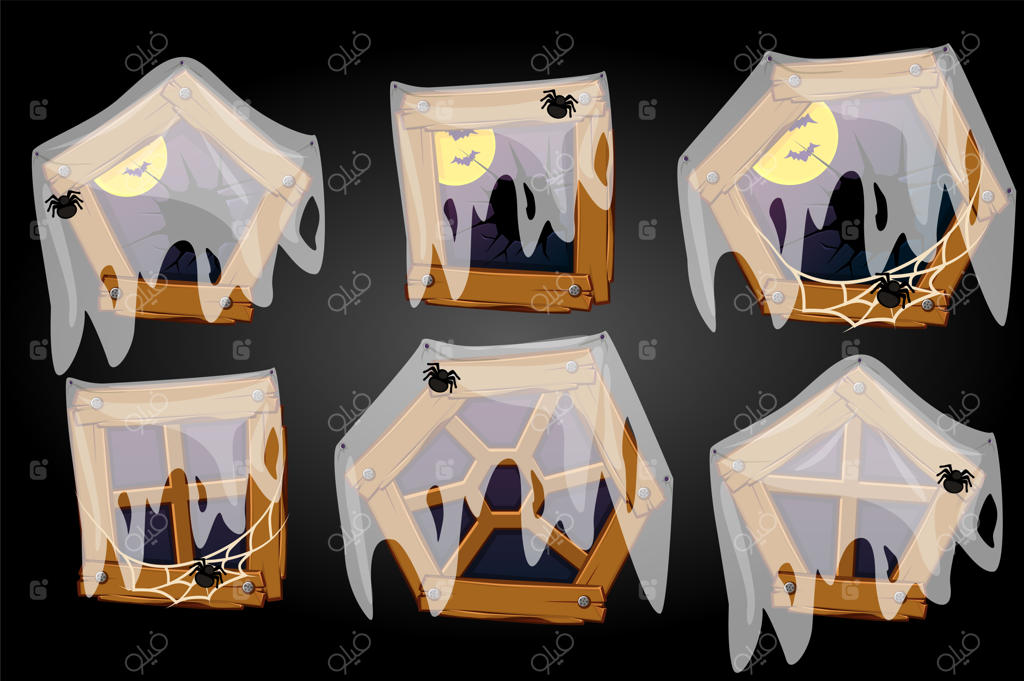 مجموعه‌ای از پنجره‌های قدیمی شکسته با عنکبوت‌ها و ماه با خفاش‌ها.