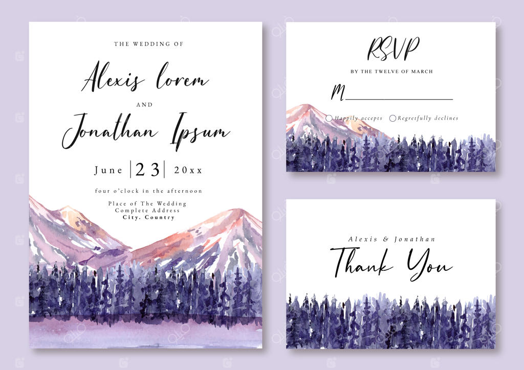 کارت دعوت عروسی با طرح منظره آبرنگی کوهستان و جنگل بنفش