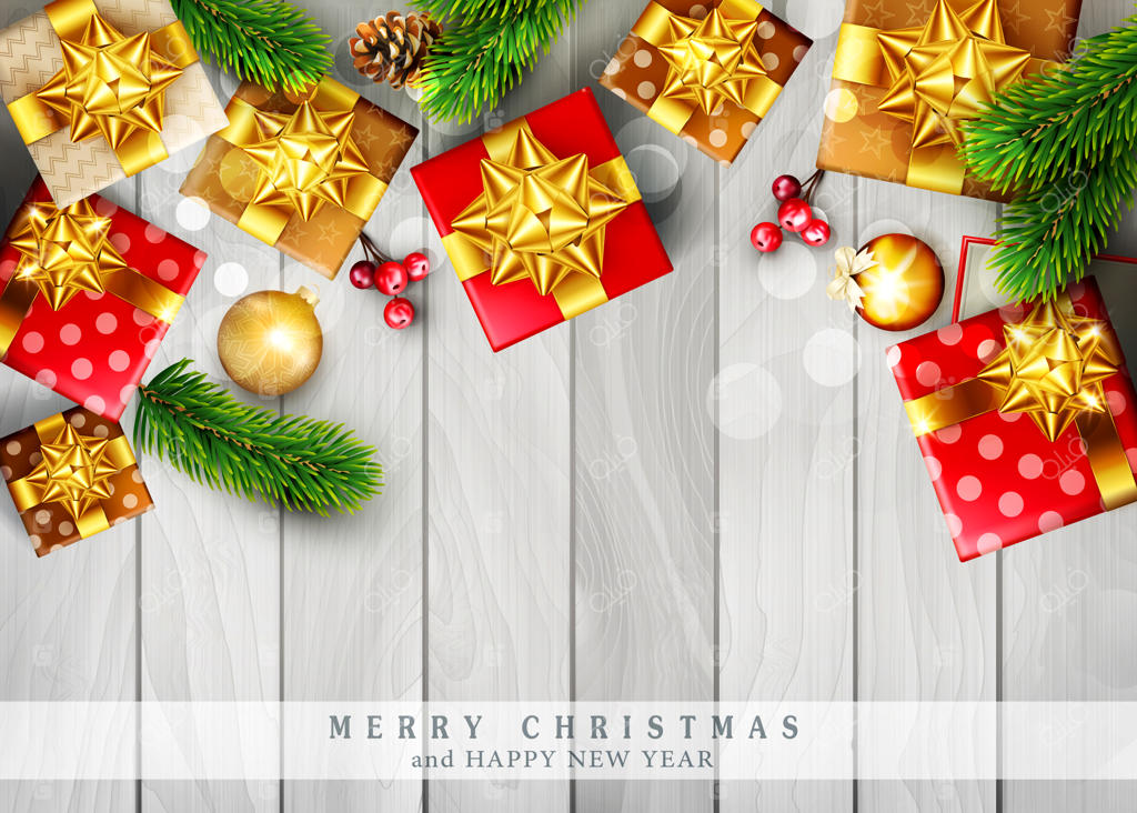 کریسمس مبارک با شاخه‌های تزئینی و جعبه‌های هدیه