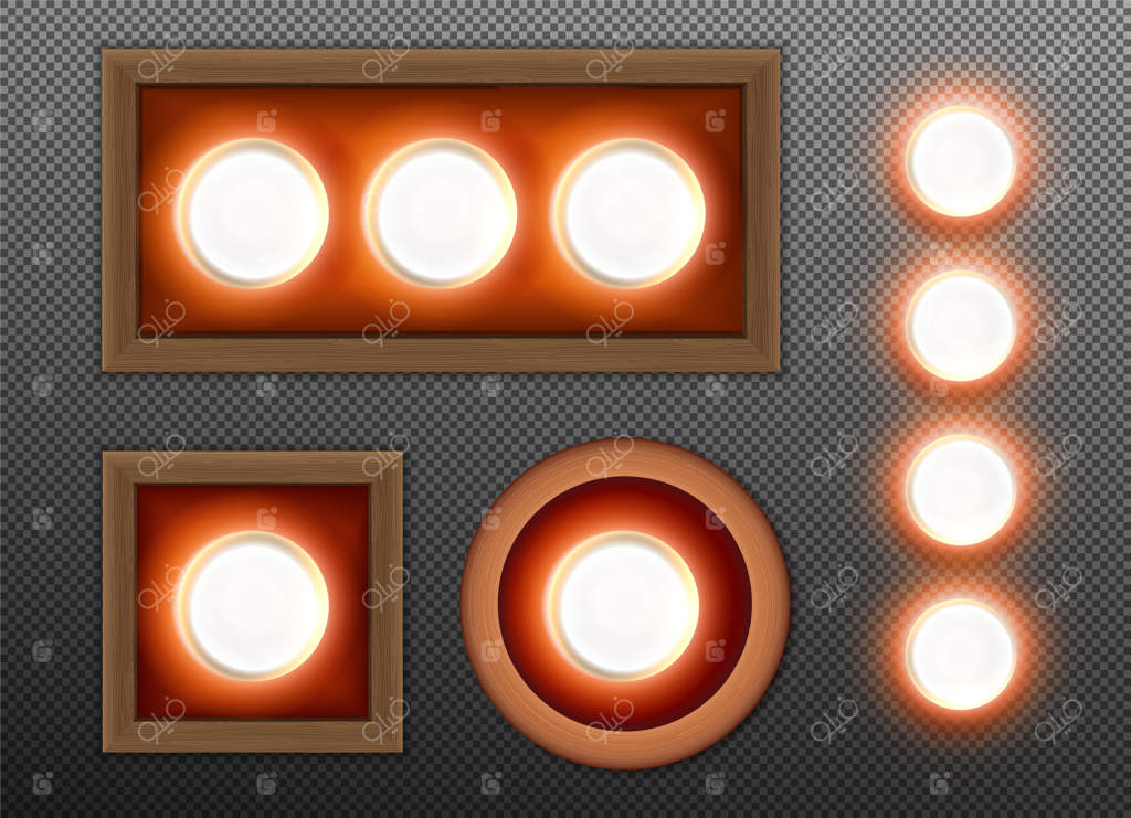 مجموعه واقعی لامپ‌ها در قاب‌های چوبی مربعی و گرد، وکتور با زمینه شفاف