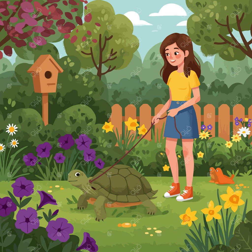 زن، لاک‌پشت را در باغ گل‌های رنگارنگ به گردش می‌برد