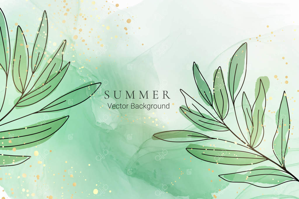 پس زمینه آبرنگ سبز مرمری با شاخه‌ها و عناصر طلایی در رنگ طوسی و زمردی