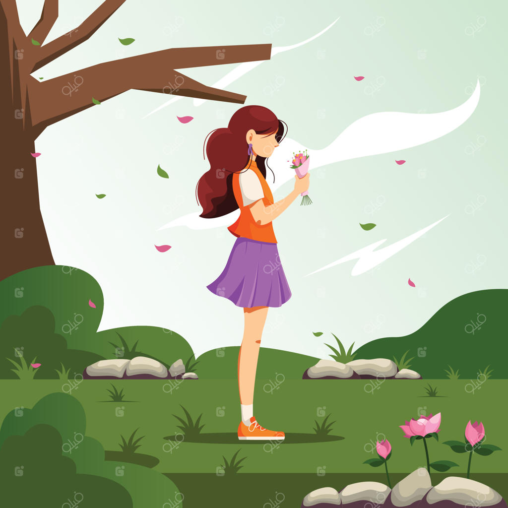 دختری جوان با دسته‌ای گل در باغ. روز جهانی زن