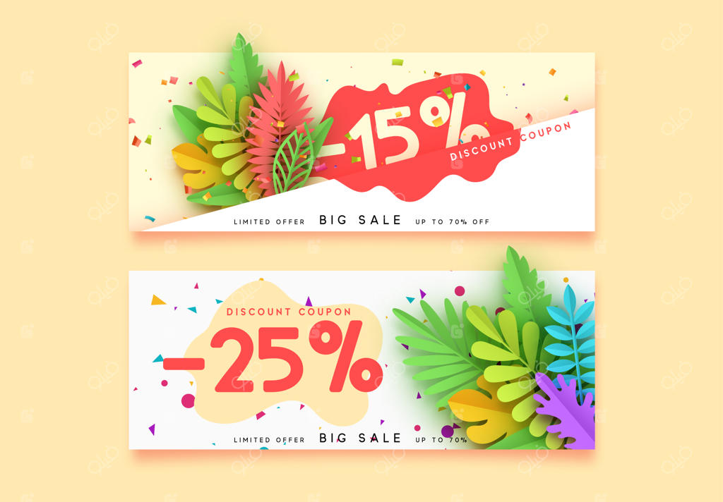 حاشیه بنر فروش افقی: کارت‌های تخفیف، سربرگ‌های وب‌سایت. طراحی وکتور در هنر کاغذی. پوسترهای پیشنهاد قیمت، بروشور و فلایرها. طراحی برگ‌های گرمسیری رنگارنگ به سبک هنر کاغذی.