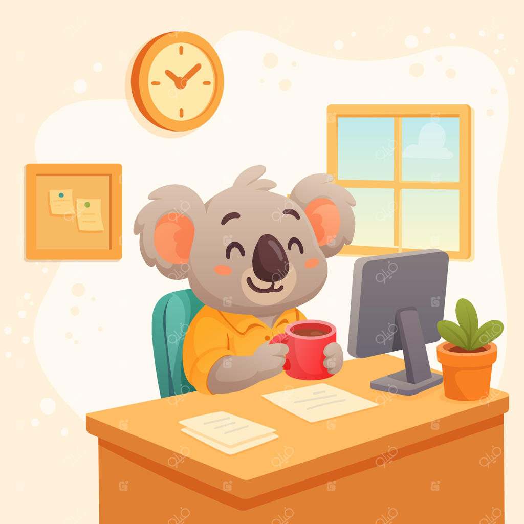 کوالای نمایشی با قهوه پشت کامپیوتر در محیط راحت و دورکاری نشسته است