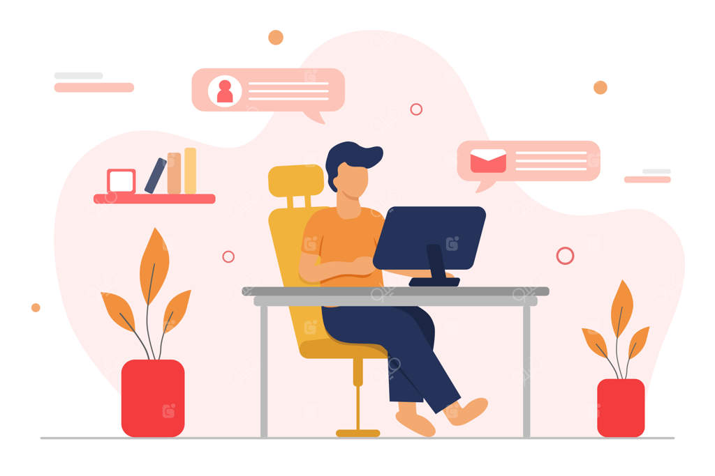 کارمند اداری در خانه - تصویر وکتور تخت از کارمند نشسته روی صندلی اداری