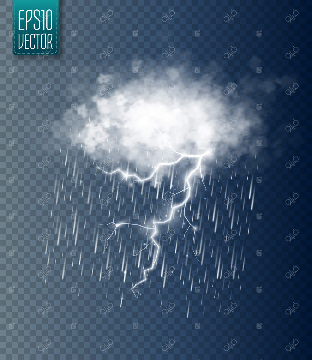 طوفان و رعد و برق با باران و ابر سفید جدا شده
