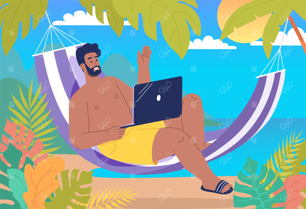 مرد جوان فریلنسر در حال استراحت در تخت بانوج در طراحی تفرجگاه جزیره‌ای گرمسیری و رنگارنگ