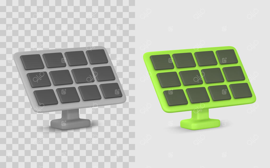 آیکون سه‌بعدی پنل خورشیدی به سبک کارتونی برای مفاهیم انرژی تجدیدپذیر، قدرت زیست‌محیطی و تکنولوژی سبز. طراحی مدرن و تمیز برای وب یا رابط کاربری اپلیکیشن. تصویرسازی