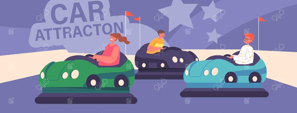 پسران و دختران در پارک تفریحی: سواری با ماشین‌ برقی و چرخ‌دستی برای کودکان در شهربازی