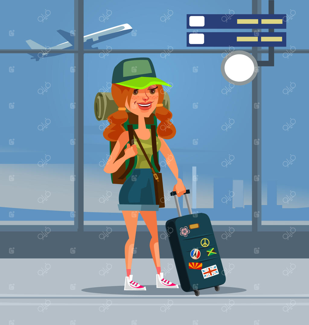 شخصیت زن مسافر در فرودگاه - تصویرسازی کارتونی و ساده