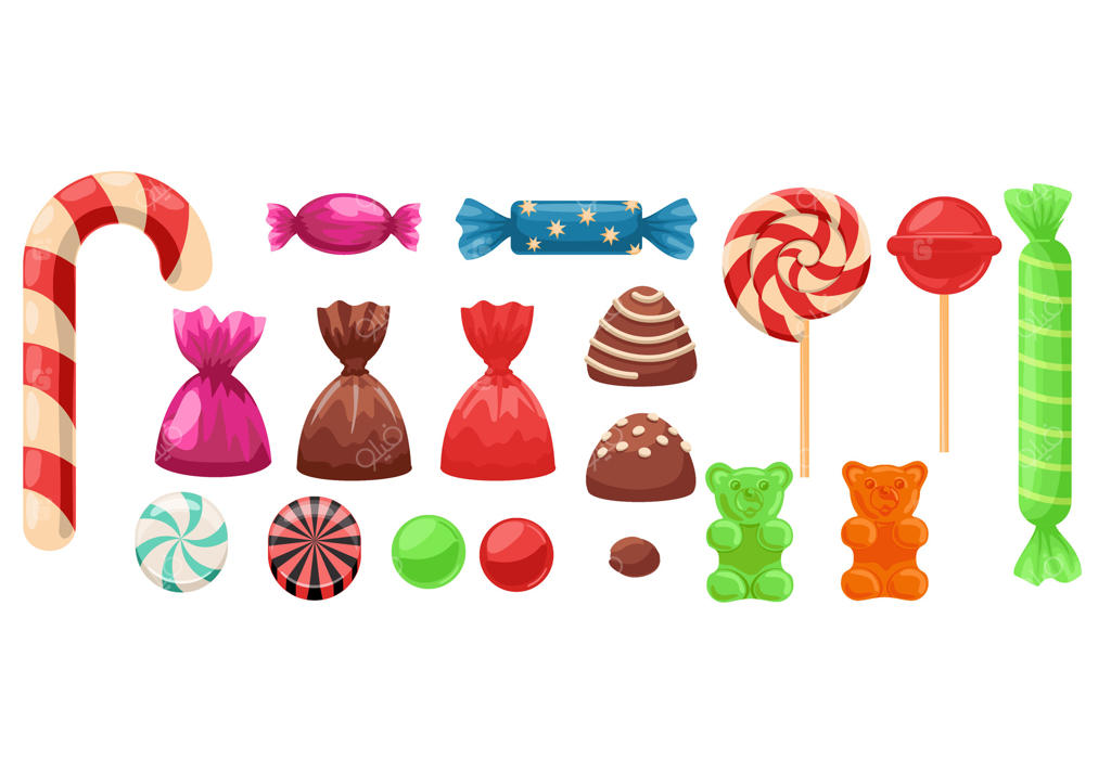 مجموعه‌ای از آب‌نبات‌های رنگارنگ: شیرینی‌ها، دسرها، شکلات‌ها و آب‌نبات‌های خوش‌رنگ. مجموعه‌ای از خوراکی‌های خوشمزه و پرکالری