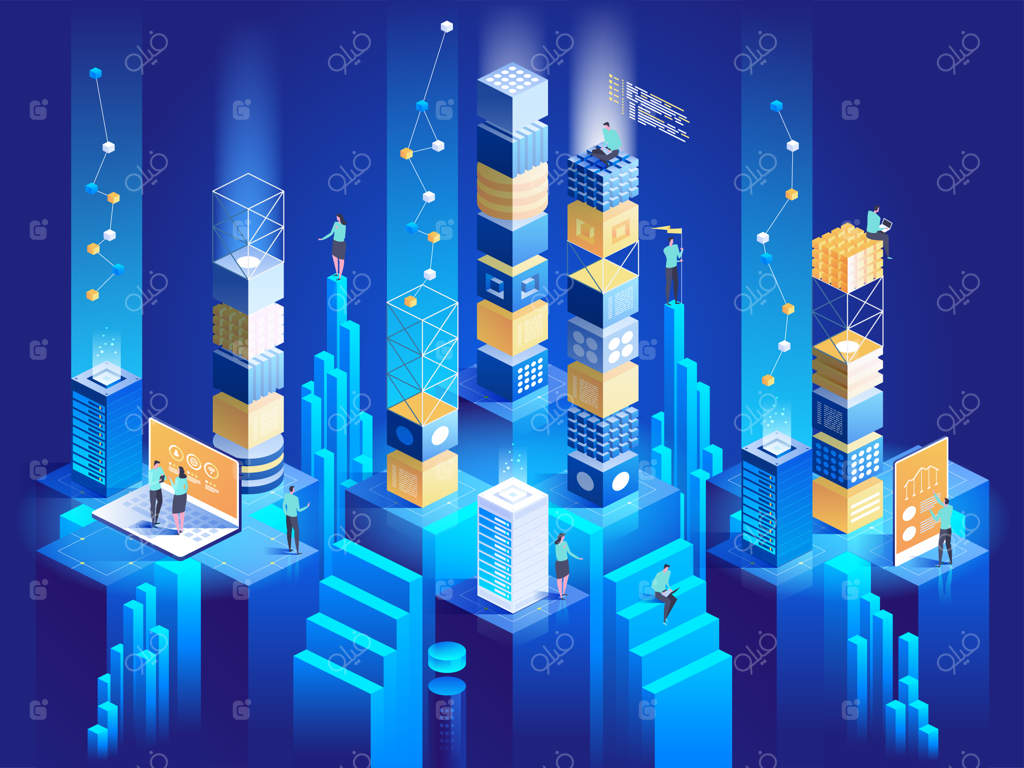 مفهوم ایزومتریک تکنولوژی: اتصال بلوک‌های دیجیتال به یکدیگر (تصویرسازی)