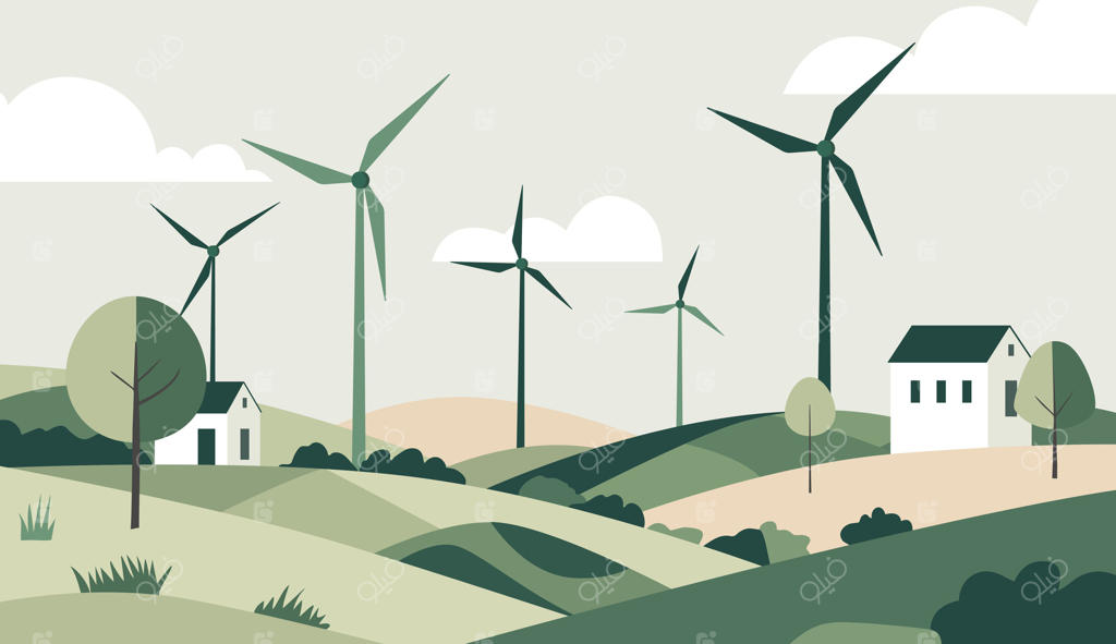 تصویر سبز به سبک فلت: توربین بادی قدرتمند. تصویری از توربین‌های بادی در منظره‌ای روستایی.