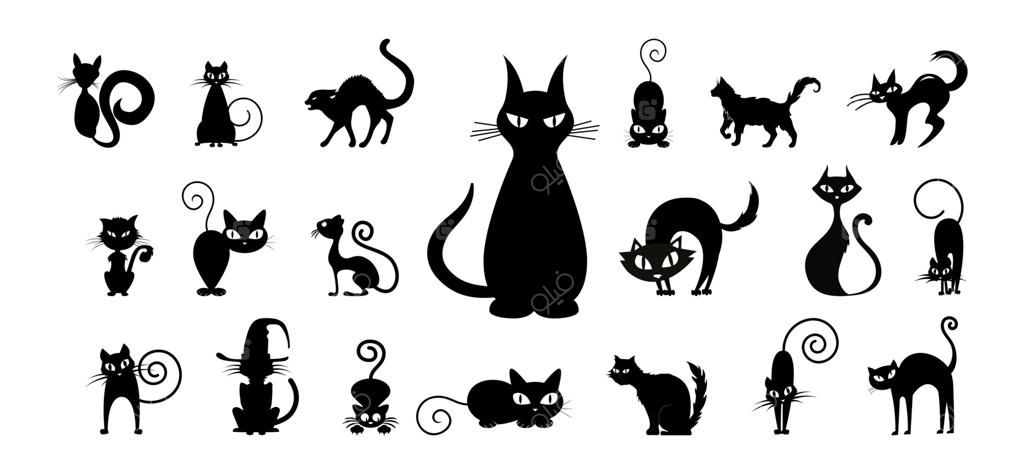 وکتور سیلوئت و آیکون‌های سیاه هالووین با کاراکترهای بامزه برای تیشرت؛ شامل کدو تنبل، جادوگر، شبح، جمجمه، خفاش و اسکلت