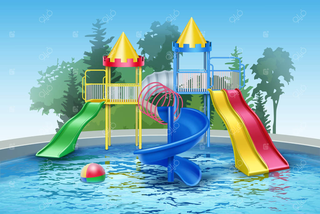 زمین بازی رنگارنگ کودکان با سرسره‌های آبی و استخر در پارک آبی روباز.