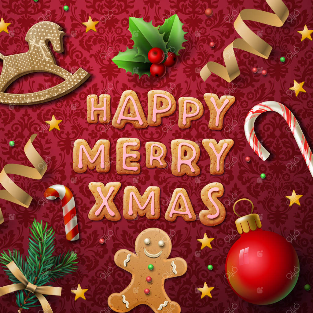 کارت تبریک کریسمس شاد با دکور کریسمس، مرد زنجبیلی، شیرینی، رنگین‌کمان و تصویر وکتور