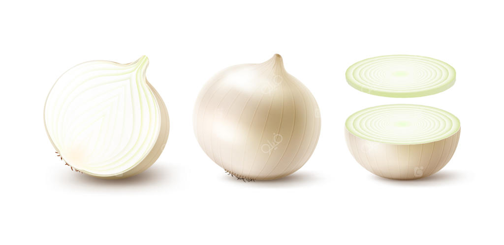 دسته‌ای از پیازهای تازه، کامل و برش‌خورده، روی زمینه سفید