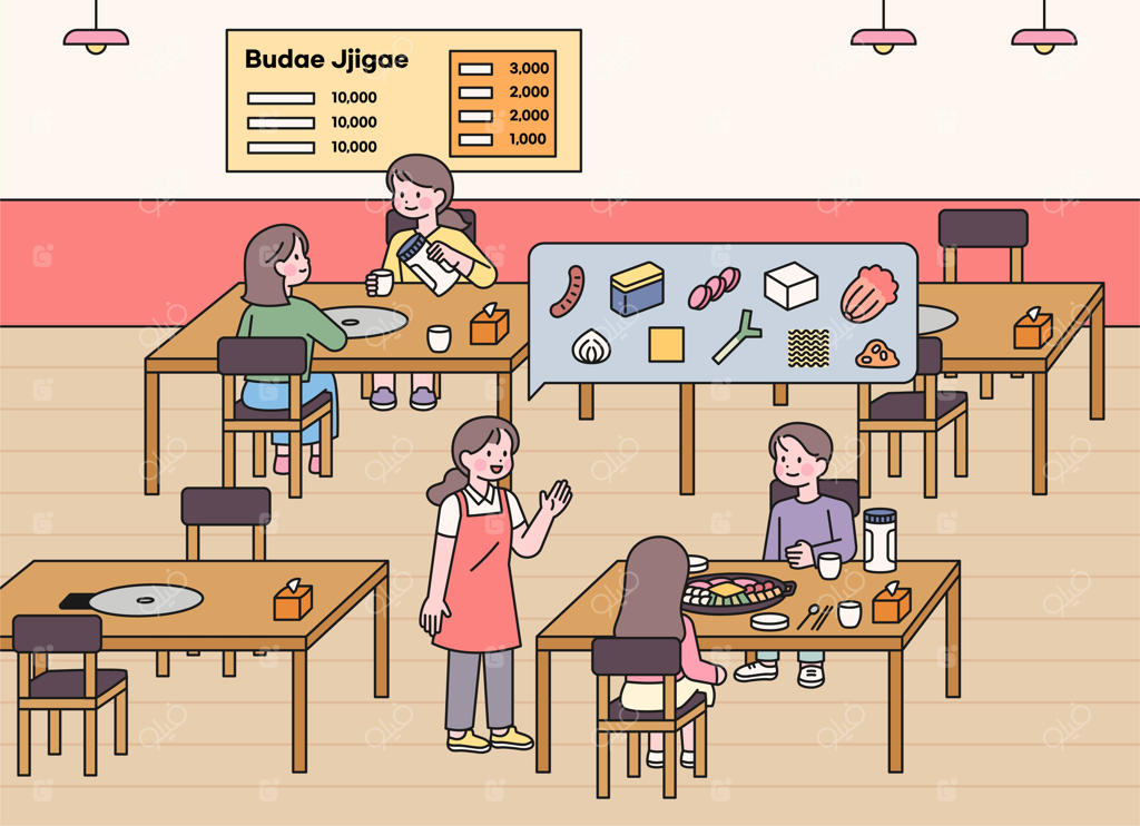 مشتریان رستوران کره‌ای بودائه جیگه غذا سفارش می‌دهند و کارکنان توضیح می‌دهند.