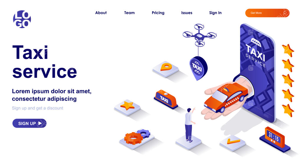 صفحه فرود سه‌بعدی خدمات تاکسی با شخصیت‌های انیمیشنی