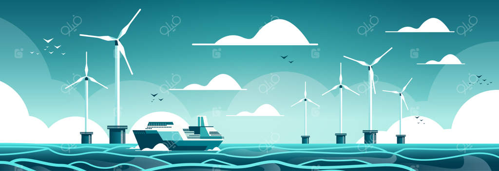 مزرعه بادی دریایی با توربین‌ها و کشتی در دریا: مفهومی از تولید انرژی تجدیدپذیر و چشم‌انداز دریا